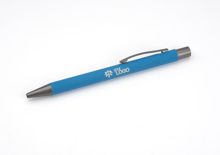 Długopis reklamowy gumowany z grawerem logo błękitny